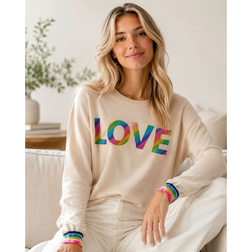 NWT Brodie Cashmere Sweater Metallic Foil Love Graphic Long Sleeve Ivory Size L